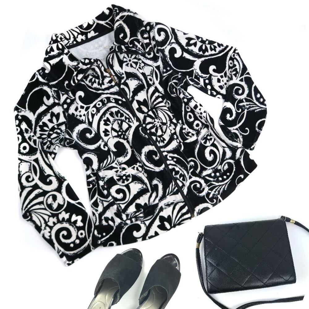 Sportelle Black White Swirl Fleece Zip Jacket Size Med